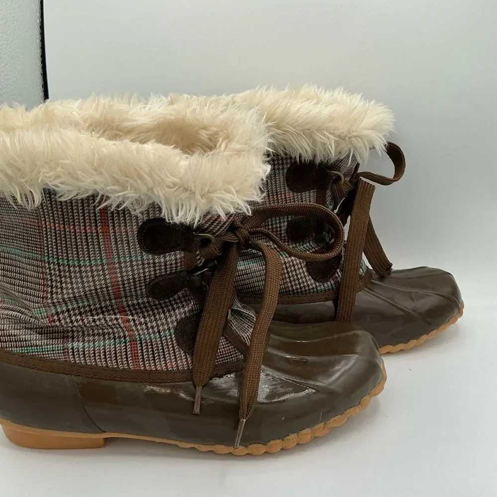 Sporto Plaid Duck Boots, brown rubber shell, faux fur lining size 10